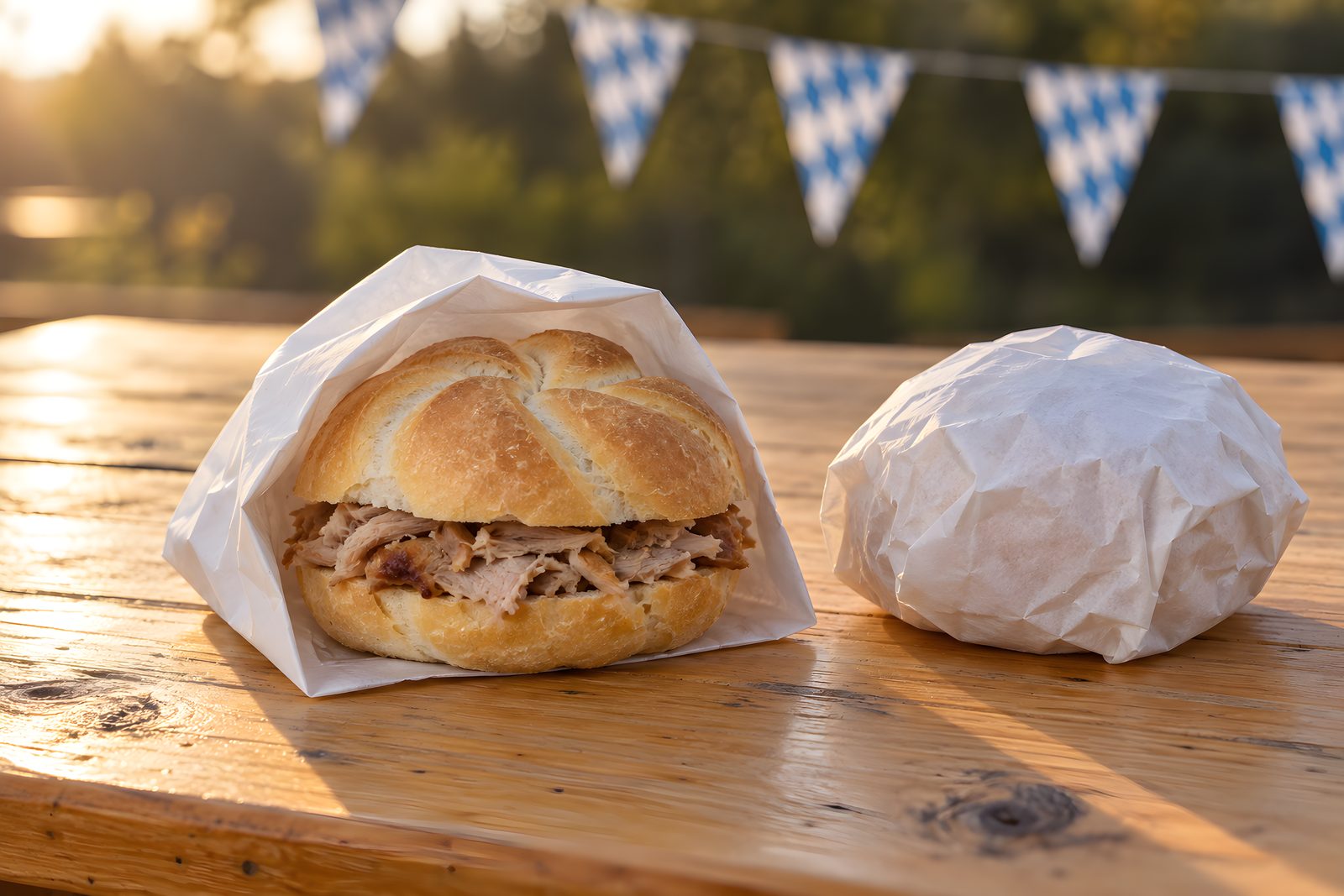 Eine Kaisersemmel mit gezupftem Schweinefleisch, halb in einer weißen Semmeltüte, daneben eine eingewickelte Semmel, dahinter weiß-blaue Wimpel