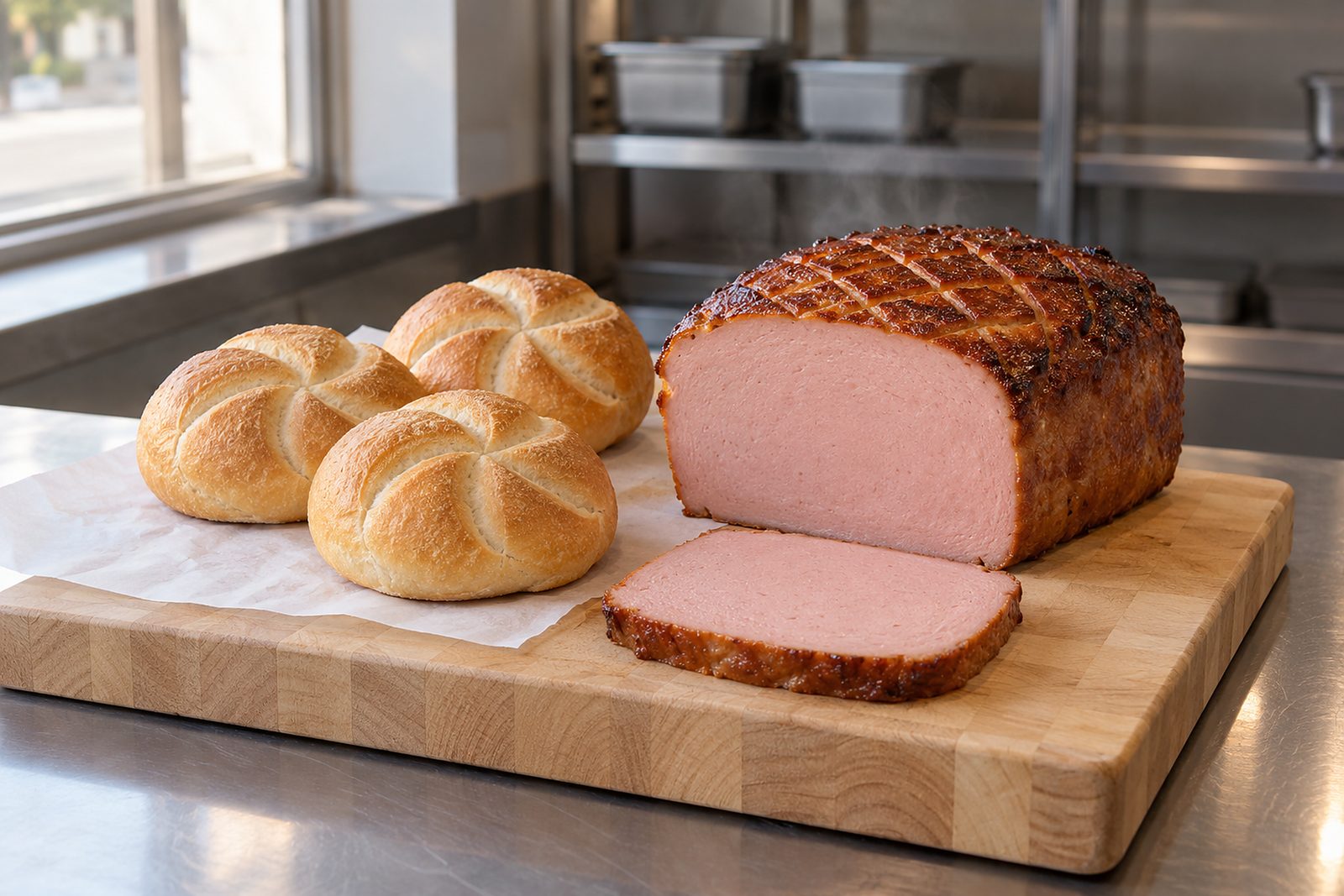 Ein frisch gebackener Leberkäse mit Rautenkruste auf einem Holzbrett, vorne angeschnitten, daneben Kaisersemmeln