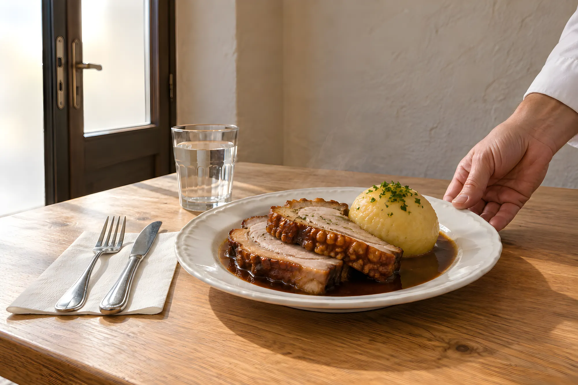 Ein Teller Schweinebraten mit Kruste, Soße und Kartoffelknödel wird auf den Tisch gestellt