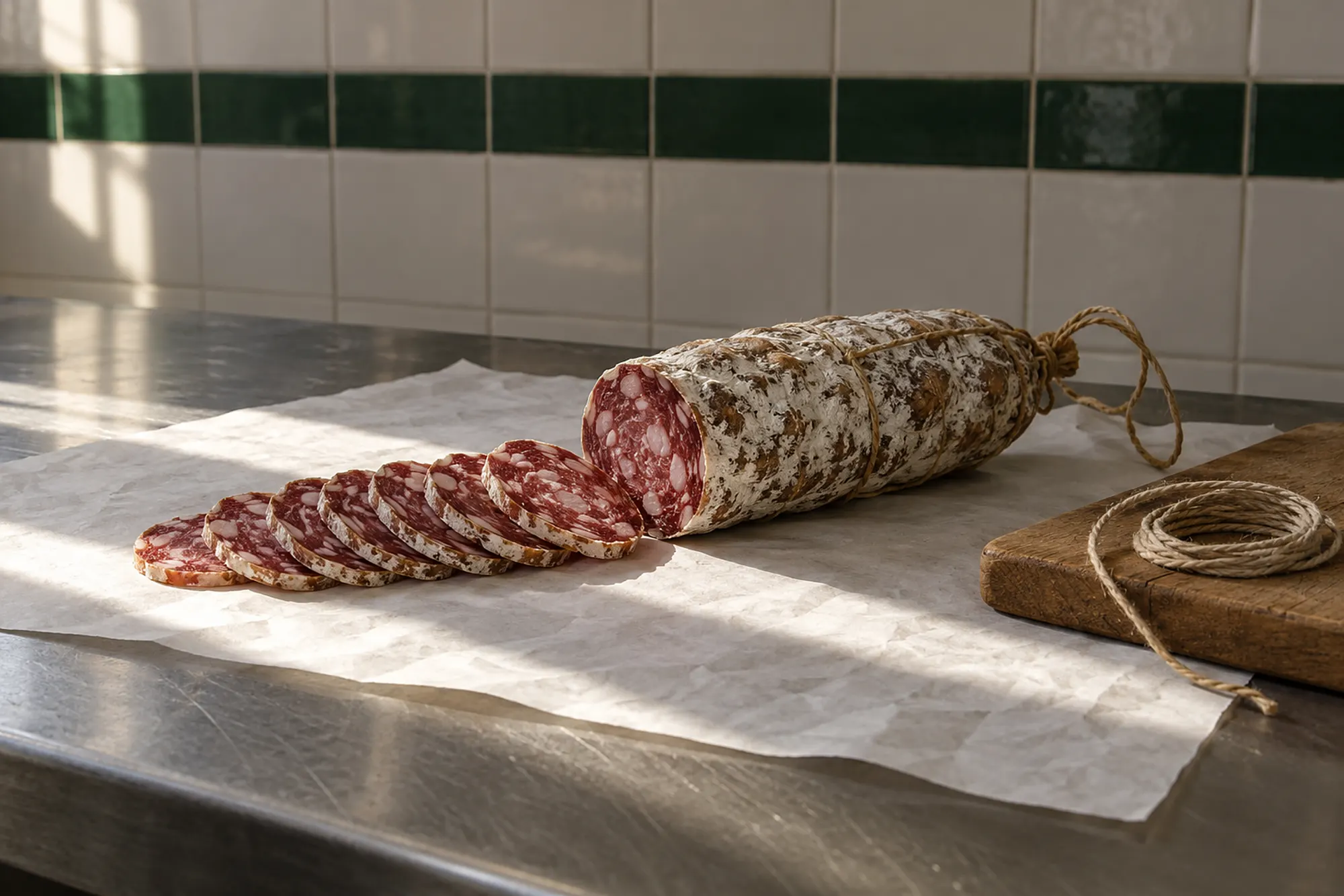 Eine selbst gemachte Salami, vorne in dünne Scheiben geschnitten, auf Metzgerpapier